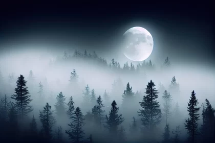 Full Moon Over Foggy Forest - An Ethereal Wilderness