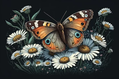 Butterfly Among Daisies: A Detailed Nature Illustration