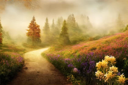Enchanting Foggy Path Amidst Colorful Flowers in a Fantasy Landscape