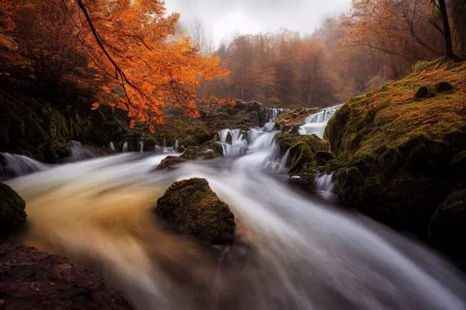 Autumn Mountain Stream with Cloudy Sky - Misty Atmosphere