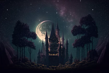 Dreamy Night Castle Under Full Moon Illustration