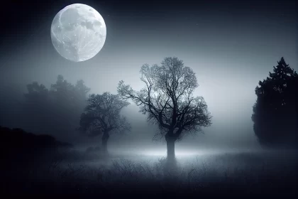 Mysterious Full Moon Night with Ethereal Trees