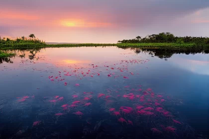 Sunset Over Aquatic Landscape with Pink Flowers