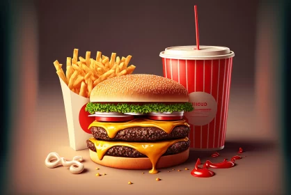 Photorealistic Still Life of Hamburger and French Fries