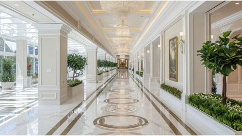 Exquisite Marble Hallway with Paintings and Chandeliers