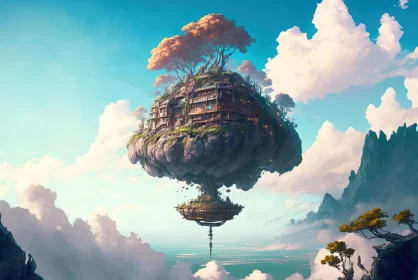 Exotic Fantasy Landscape: House Floating in Cloud Above Trees