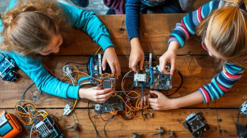 Joyful Children Engaged in an Electronic Project