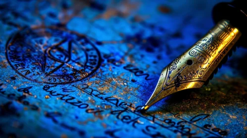 Luxurious Gold Fountain Pen on Blue Textured Background