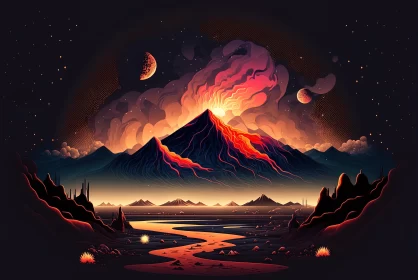 Captivating Illustration of Mountains, Lava, and Water | Mysterious Nocturnal Scene