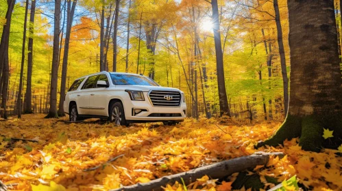 Captivating Forest Scene: Chevrolet Enclave Amidst Fallen Leaves