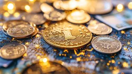 Close-Up of Gold Coins on Blue Surface | Abstract Art