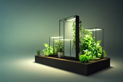 Futuristic 3D Light Box Concept with Realistic Plants in Glass Container