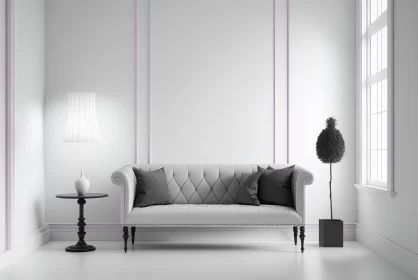 Minimalist Neoclassical Interior with Gray Couch and Lamp