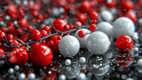 Intricate Arrangement of Red and White Spheres on Reflective Surface