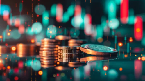 Stack of Coins on Reflective Surface with Blurred Cityscape at Night