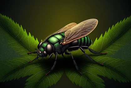 Intricate Fly Illustration on a Green Leaf | Science Fiction Art