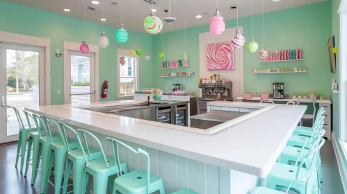 Brightly Lit Coffee-Themed Room with Mint Green Walls