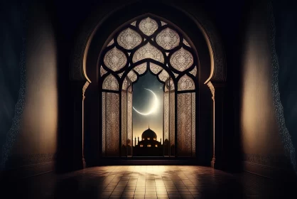 Exquisite Ornate Arched Door with Moon and Crescent | Realistic Painting