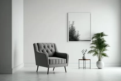 Serene Grey Chair in Minimalist Room with White Walls and Vibrant Potted Plant