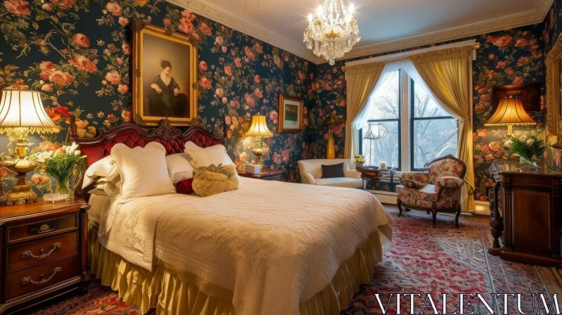 Classic-Style Bedroom with Red Velvet Headboard and Floral Wallpaper