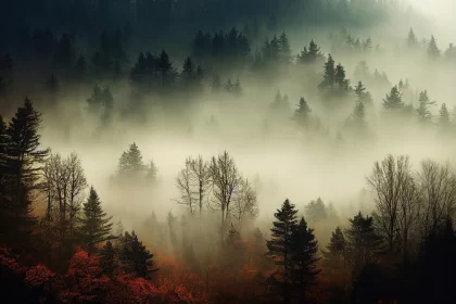 Enchanting Mountain Landscape with Trees and Fog | Nature-Inspired Art
