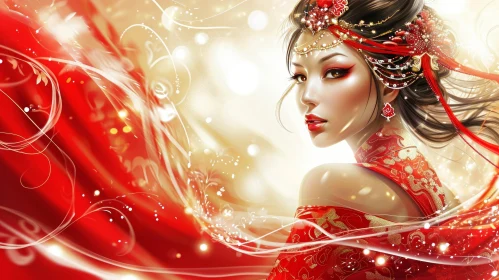 Exquisite Portrait of a Beautiful Asian Woman in Traditional Dress