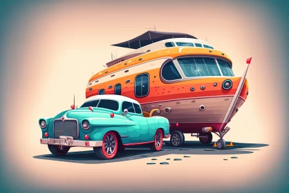 Detailed Character Illustration of Classic Car and Boat Moving with a Trailer