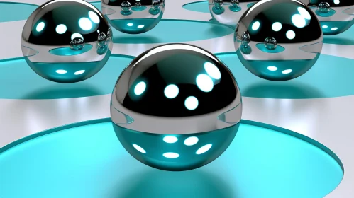 Abstract 3D Rendering with Glossy Metal Spheres on Blue Surface