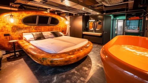 Luxurious Hotel Room with Round Bed and Copper Bathtub