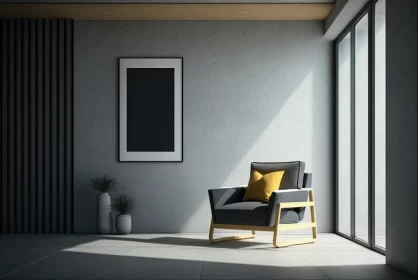 Grey Livingroom with Wooden Floor and Corner Chair: Concrete Brutalism Design