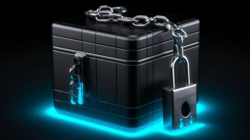 3D Black Metal Box with Padlock and Chain on Blue Surface