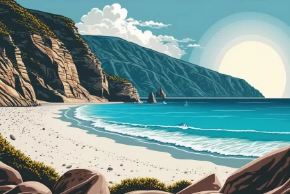 Captivating Art Nouveau Depiction of Beach with Sea and Mountains