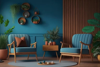 Retro Interior Design Lounge with Blue Walls and Green Plants