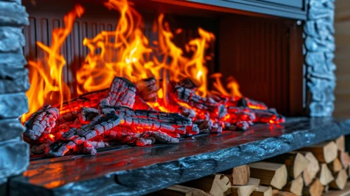 Burning Fireplace - A Captivating Image of Vibrant Flames and Glowing Embers