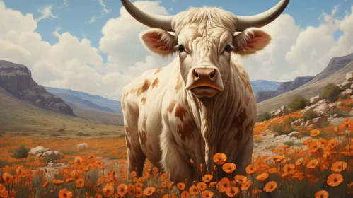 Highland Cow Painting in Field with Mountain Range Background