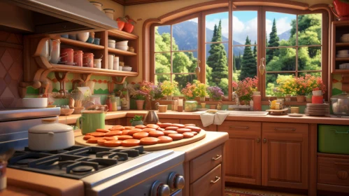 Animated Disney Style Kitchen Scene in Warm Terracotta