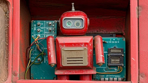 Rusty Robot Toy in a Metal Box - An Intriguing Abstract Composition