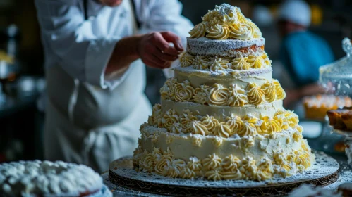 Exquisite Wedding Cake Decoration by a White-Uniformed Chef