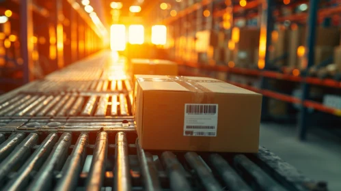 Close-up of Box on Conveyor Belt in Industrial Warehouse