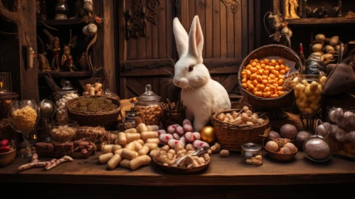 White Rabbit Among Bread and Spices - A Traditional Still Life