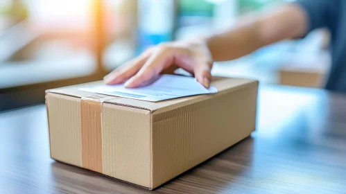 Shipping Label on Cardboard Box | Rustic Wooden Table