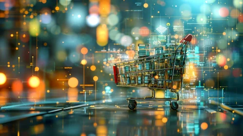 Glowing City Buildings in a Shopping Cart | 3D Rendering