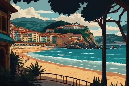 Vintage Poster Style Beach Scene in Italy | Nature-Inspired Art Nouveau