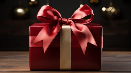 Red Gift Box with Gold Ribbon on Wooden Table