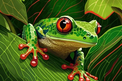 Captivating Green Frog Riding Through Tropical Leaves | Hyper-Realistic Animal Illustration
