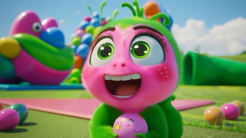 Colorful 3D Cartoon Creature on Field with Egg