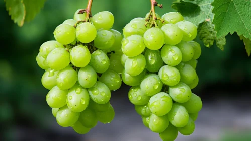 Green Grapes Close-Up: Ripe and Juicy Bunches on Vine