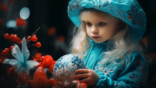 Blue Dress Little Girl with Red Ball