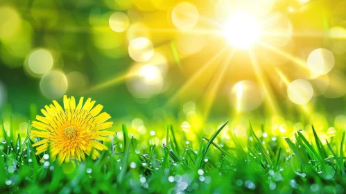 Tranquil Landscape with Dandelion and Sun
