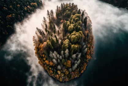 Mist-Covered Forest Island: A Captivating Aerial Photograph